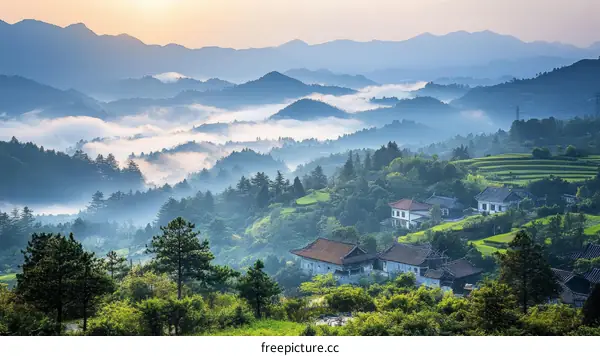 Misty Mountain Valley with Traditional Villages