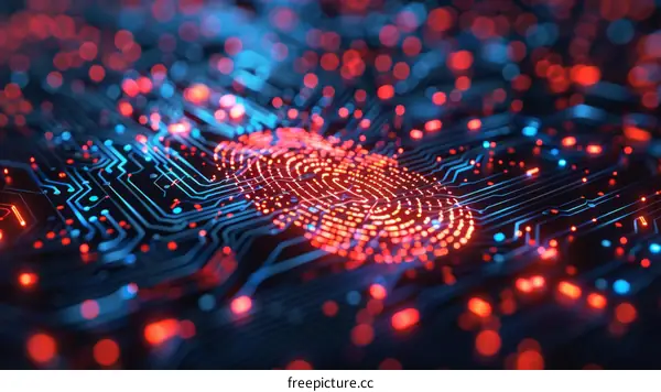 Red and blue circuit board with fingerprint