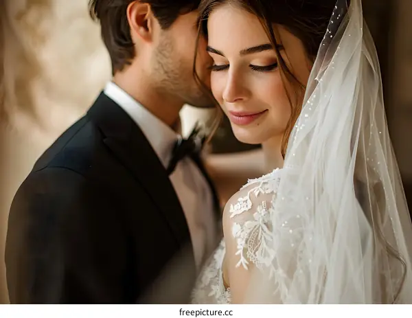 A beautiful bride and groom on their wedding day.