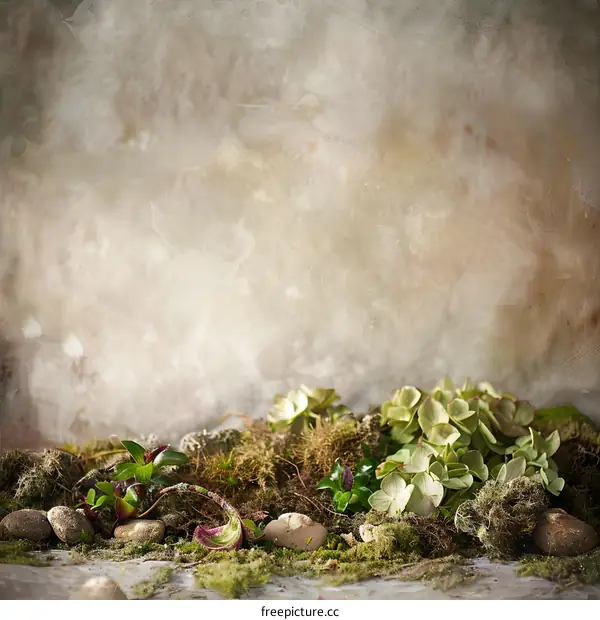 Vintage Background With Green Plants And Stones