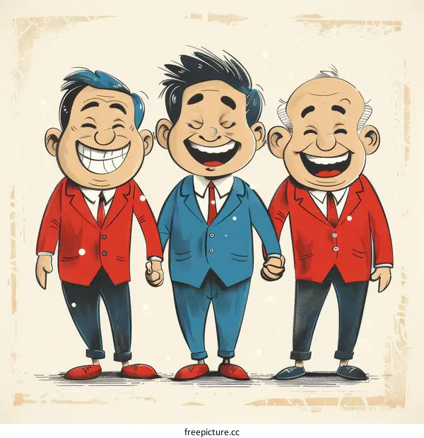 Three businessmen of different ages are holding hands and laughing happily