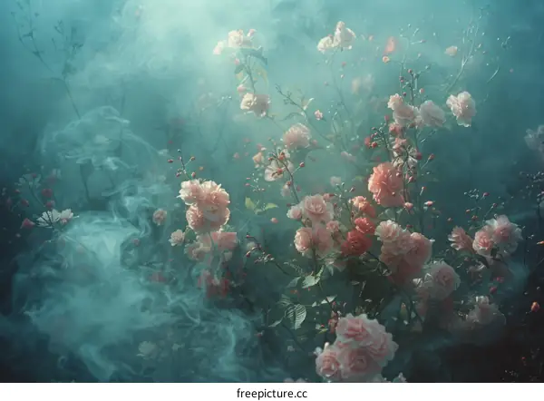 ethereal pink roses in a blue mist