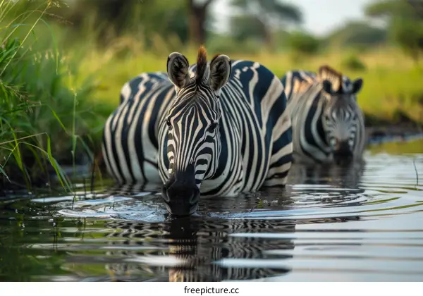 Two zebras drinking water from a river in the savanna