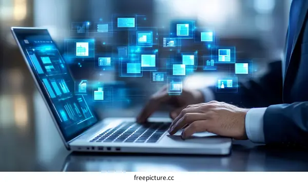 Businessman Working on Laptop with Holographic Data Visualization