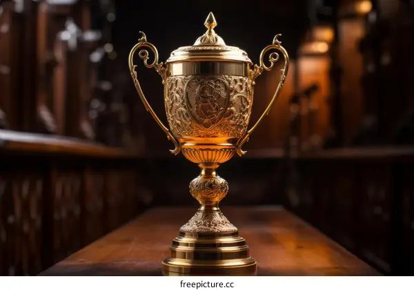 Golden Trophy on Wooden Table