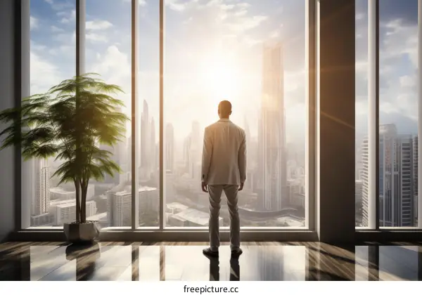 Businessman looking out at the city from a skyscraper window