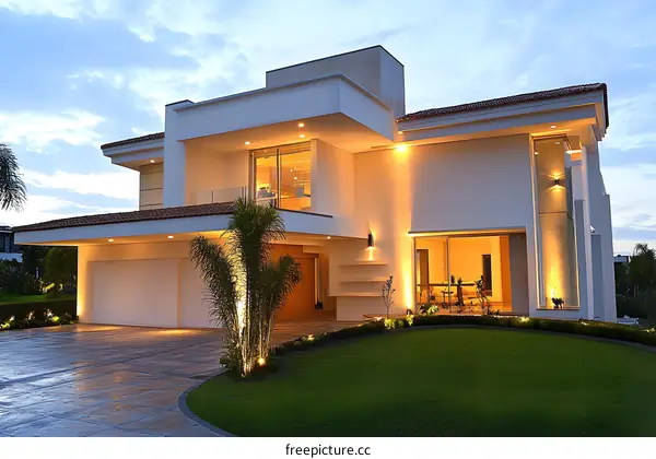 Modern White House With Green Lawn At Dusk