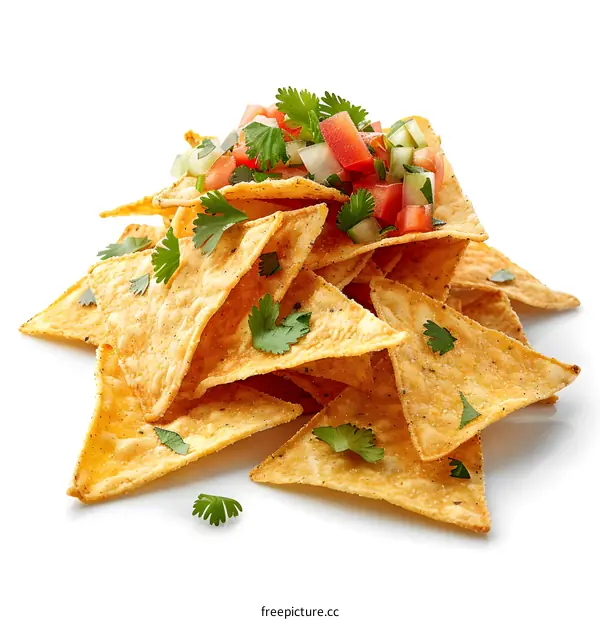 Pile of nachos with salsa and cilantro