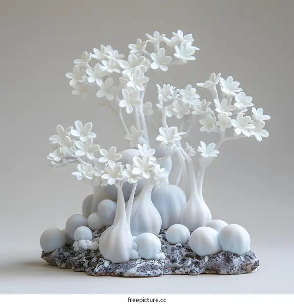A ceramic sculpture of white flowers and bulbs