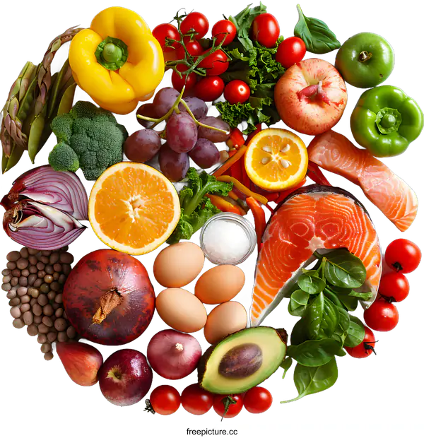 [Transparent Background PNG]Healthy Food Concept with Various Fruits, Vegetables, Fish and Eggs