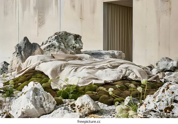 Bed Made Of Rocks And Moss In A Minimalist Setting