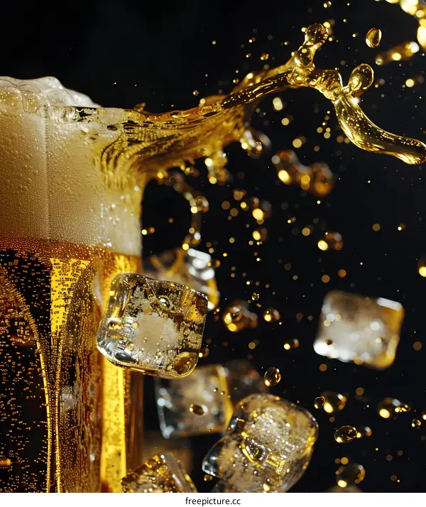 Beer Splash with Ice Cubes on Black Background