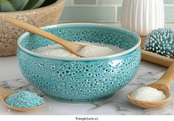 White Ceramic Bowl with Bath Salts and Wooden Scoop
