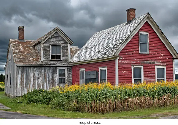 Two Old Abandoned Houses with a Cloudy Sky