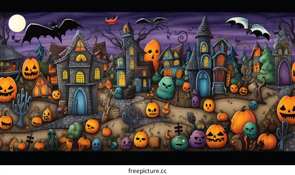 A spooky illustration of a Halloween village with jack-o'-lanterns, bats, and haunted houses