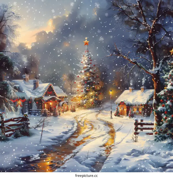 Christmas Village in Snowy Forest Glowing with Xmas Tree Lights