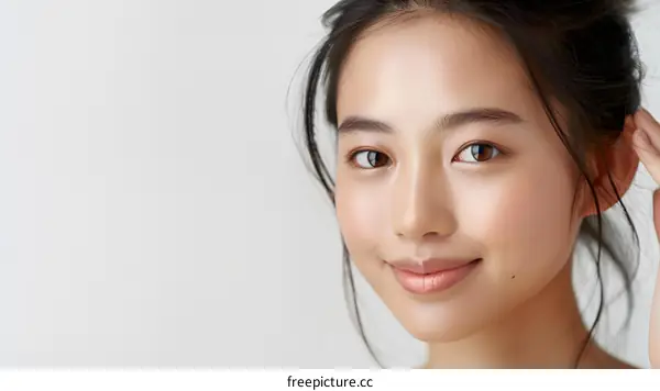Beautiful Asian Woman With Natural Makeup Smiling Close Up