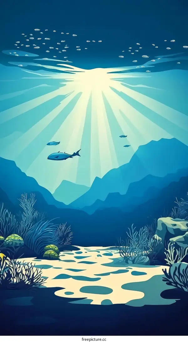 Underwater Sunlight Coral Reef Landscape Illustration