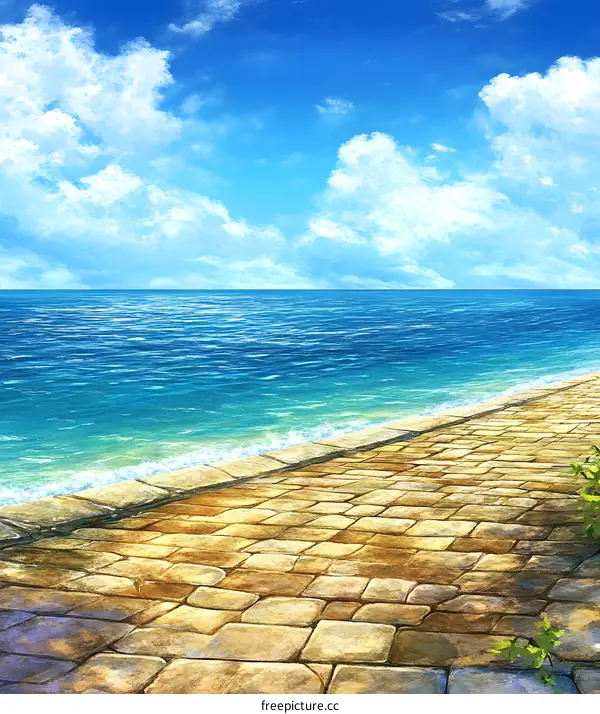 Blue Sky With White Clouds Over Stone Path by Ocean