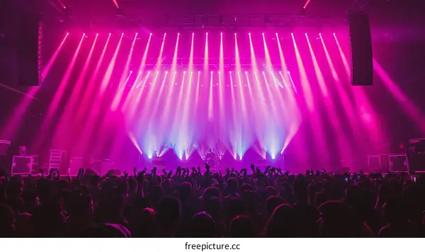 Pink lights illuminate a large crowd of concertgoers at a music festival.