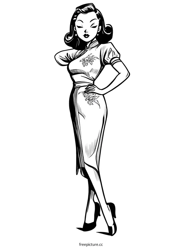 Vintage Style Illustration of Asian Woman in Cheongsam Dress