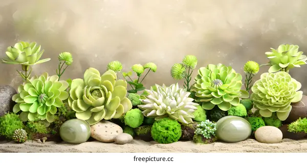 Green Succulents and Stones on Sand Background