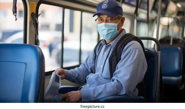 Masked Asian Man on a Bus During Pandemic