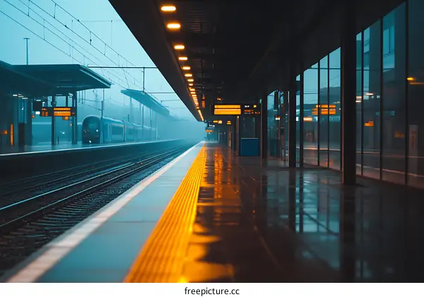 Empty Train Station Platform in the Rain