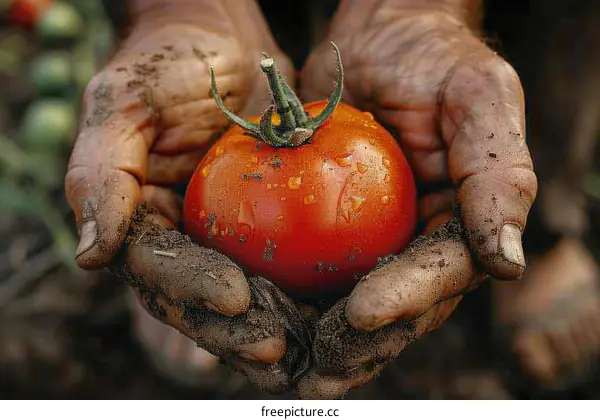 Farmer holding a tomato in his hands