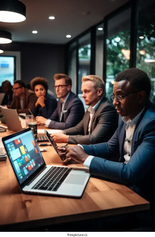 A group of people in suits are sitting around a table having a meeting