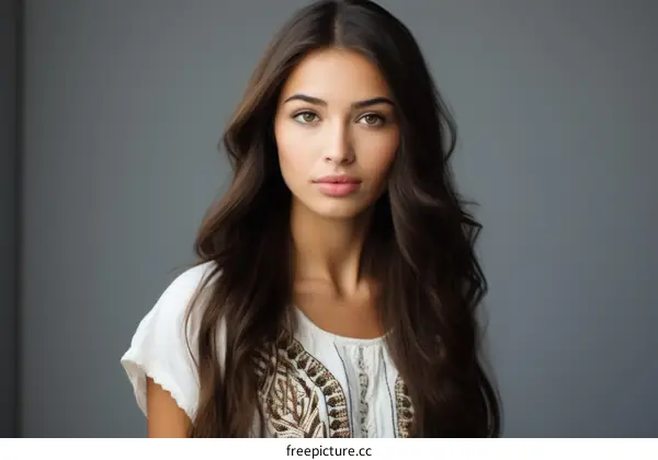 Portrait of a beautiful young woman with long brown hair and brown eyes