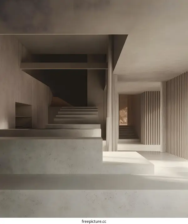 Minimalist Concrete Interior Design With Stairs and Sunlight