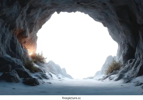 Cave Entrance with Sunlight and Snow