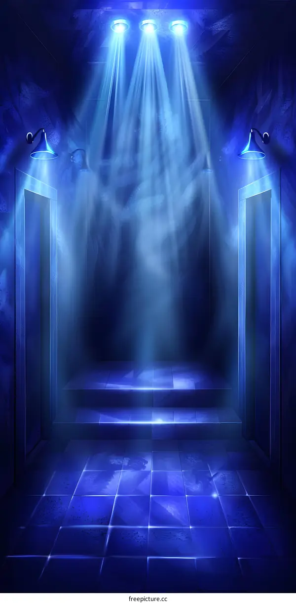Blue Stage With Spotlights And Two Doors