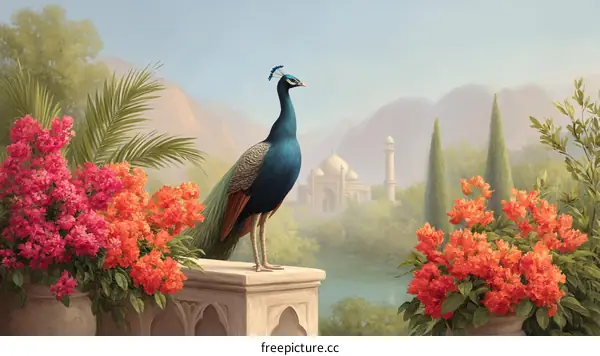 Peacock on a Terrace overlooking a Misty Landscape