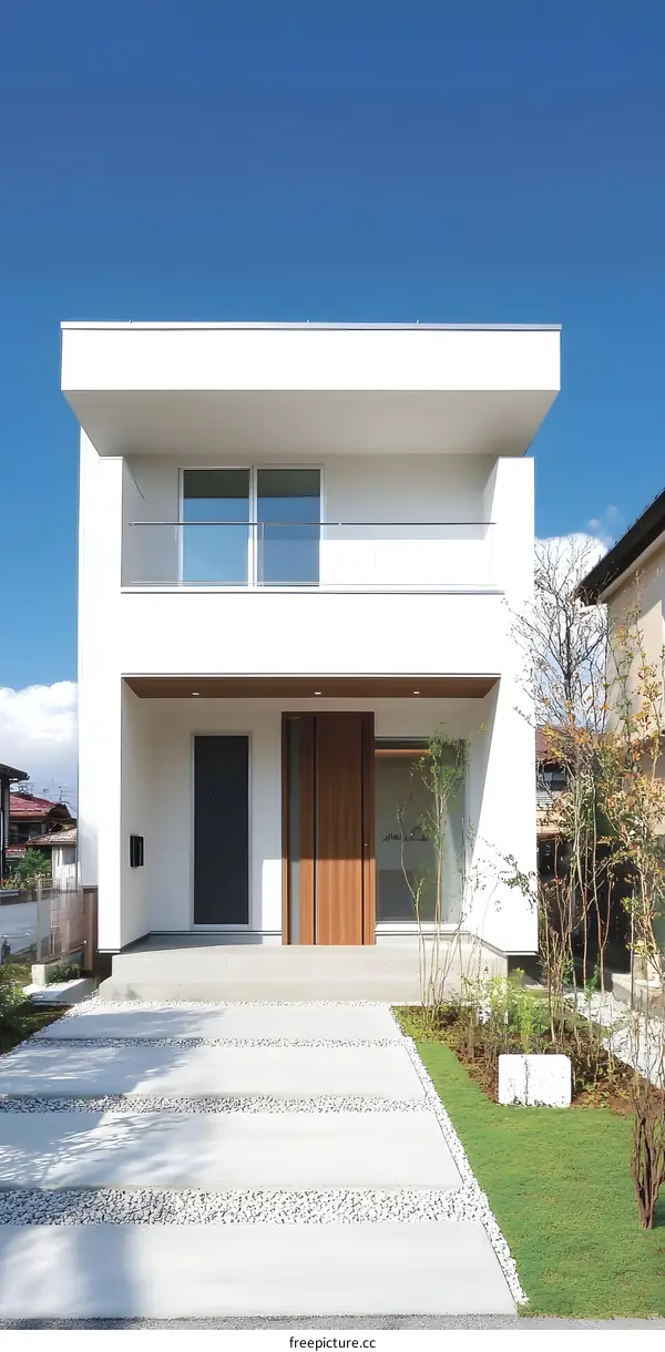 Modern White Two Story House with Gravel Walkway