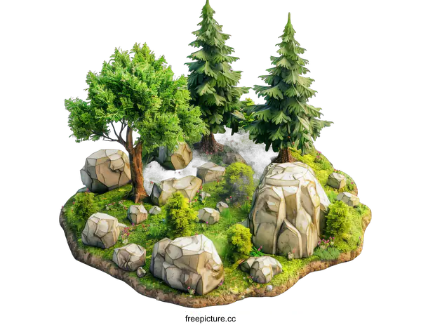 [Transparent Background PNG]Green island with trees and rocks