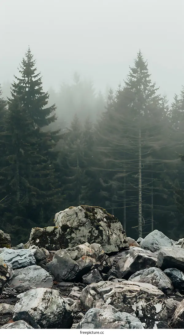Foggy Forest With Rocks and Pine Trees