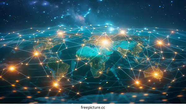 A digital illustration of planet Earth with glowing network connections between major cities.