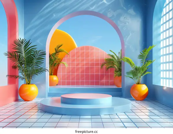 Colorful Minimalist Product Display with Tropical Plants