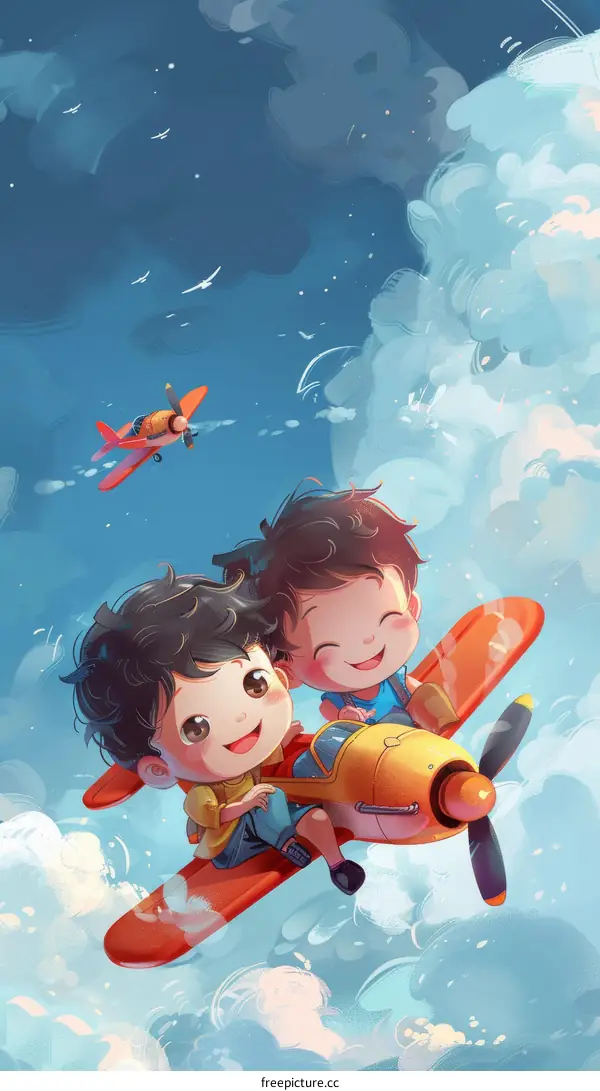Two boys are flying a plane in the sky