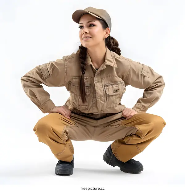 portrait of a smiling woman crouching in brown work clothes and cap
