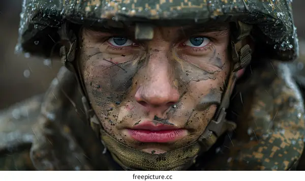 Portrait of a soldier with blue eyes and mud on his face