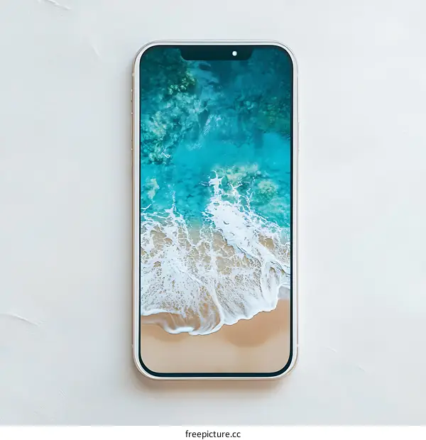 White Smartphone with Blue Ocean and Sandy Beach Wallpaper