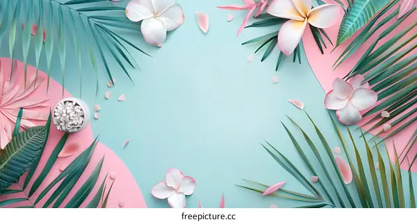 Tropical Floral Frame With Pink And Blue Background