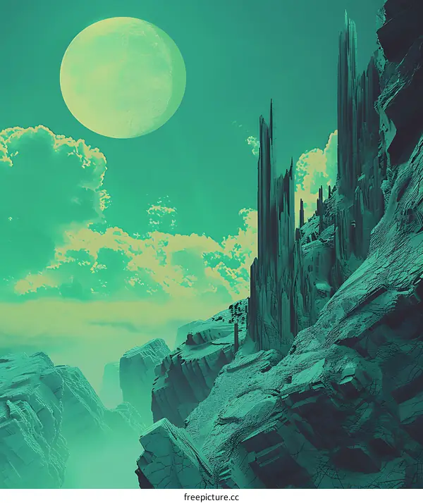 Fantasy Landscape With Green Sky and Moon