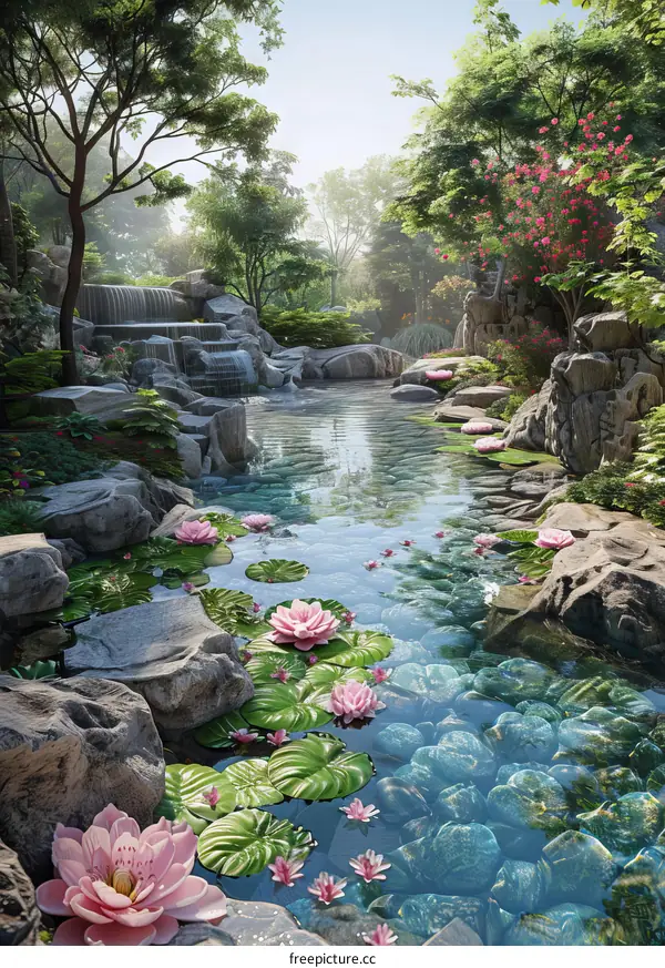 Picturesque Waterfall in a Tranquil Rocky Garden with Pink Water Lilies