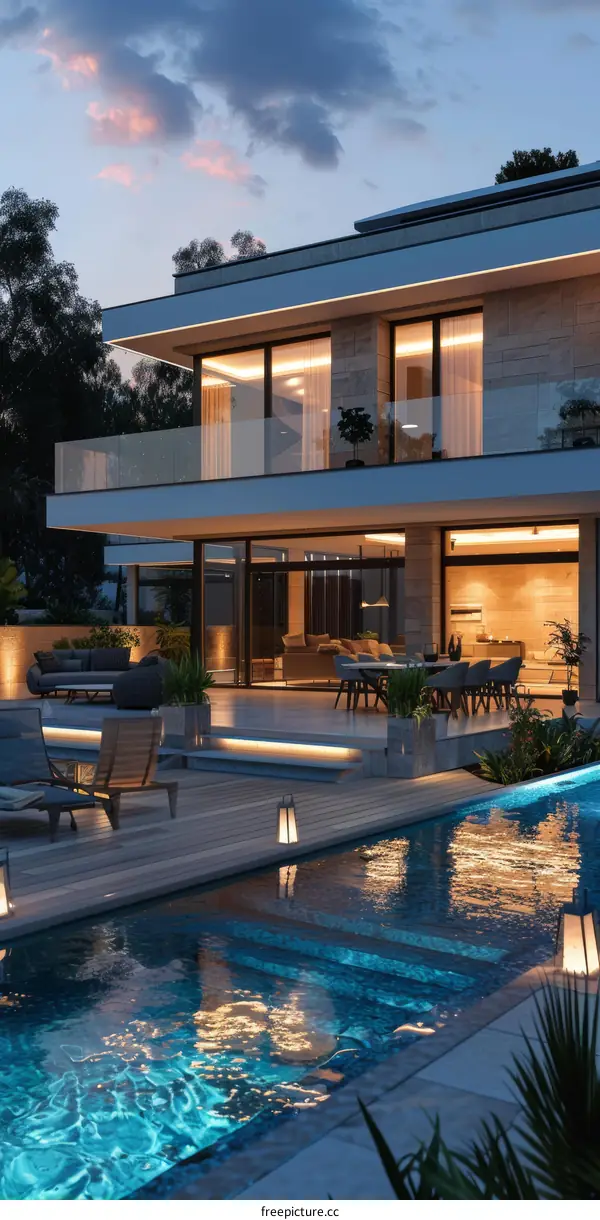 Modern house with pool at dusk