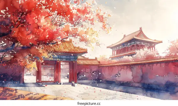 Courtyard with red walls and gray tiles under the shade of red maple trees in autumn