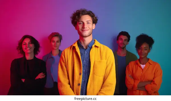 Diverse Group of People Posing in Front of Vibrant Background